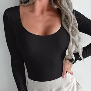 Womens Fall body suite Basic Scoop Neck Long Sleeve Leotards Sexy  Double Lined